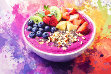 A digital painting of a healthy smoothie bowl topped with fresh fruits and nuts, surrounded by bright, cheerful colors, promoting the benefits of a balanced diet.