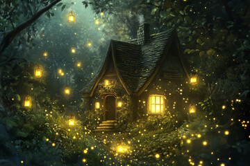 Fototapeta premium A magical illustration of a small cottage in a glowing enchanted forest, where tiny fireflies and floating lanterns illuminate the scene. The fairytale like details add a sense of wonder and adventure