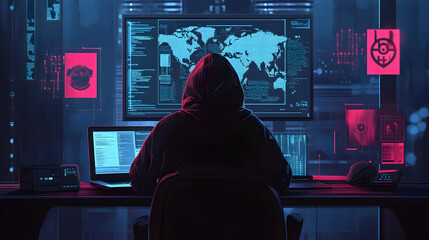 A cyber security professional works diligently at their computer, using their expertise to protect digital assets and information from cyber threats and attacks