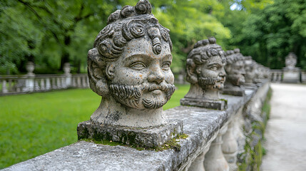 Stone busts line garden wall, lush greenery background; historic garden decor