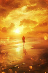 Fototapeta premium A dreamy and atmospheric digital painting of a person walking barefoot on a beach at sunrise, the golden hues blending with soft ocean waves, symbolizing tranquility, self discovery, and emotional