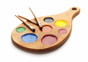 A Vibrant Palette of Artistic Expression, Wooden Palette with an Array of Colorful Paints and Brushes Set Against a Clean White Backdrop, Inspiring Creativity