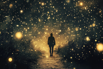 Fototapeta premium A gentle and inspiring illustration of a person walking along a path lined with glowing stars, representing the journey of healing and renewal after heartbreak.