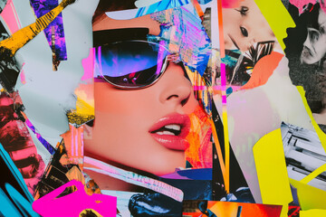Obraz premium A vibrant 90s magazine collage background, with cut out images of fashion, music stars, and neon text layered chaotically.