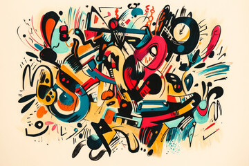 Obraz premium A hand drawn abstract doodle composition filled with dynamic shapes, scribbles, and expressive brushstrokes in a chaotic yet artistic arrangement.