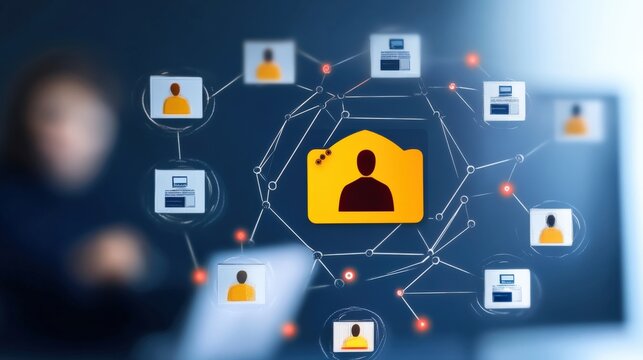 Networking event showcasing digital identity solutions modern office environment infographic style professional perspective technology focus