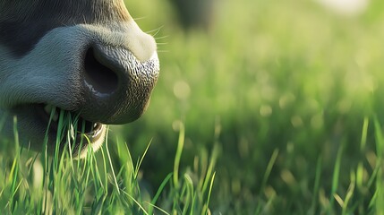 Close-up of a cow's nose grazing on fresh green grass in a sunny field, evoking a sense of tranquility and connection to nature
