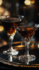 Elegant crystal glasses filled with a dark liquid, resting on a silver tray amidst a background of soft, blurred lights.