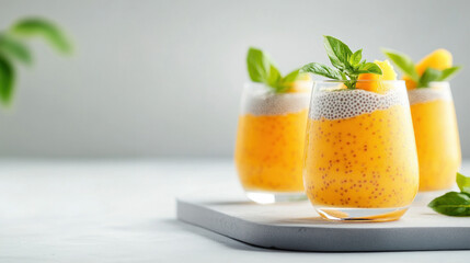 Fototapeta premium Refreshing mango chia pudding is displayed in clear glasses with a smooth texture and vibrant yellow color garnished with fresh mint and mango slices perfect for healthy snacking.