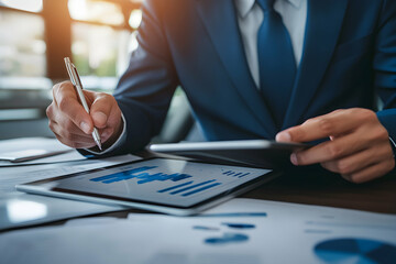 Analyzing financial data on a digital tablet, businessman in suit working with charts and graphs, modern technology for successful investments and strategic planning