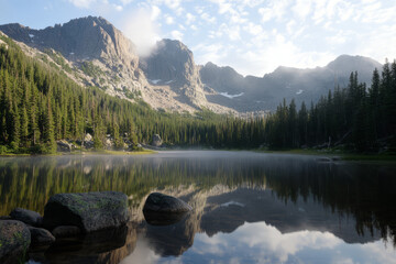 A peaceful mountain lake, surrounded by mist covered peaks and dense pine forests, with light reflecting off the calm water.