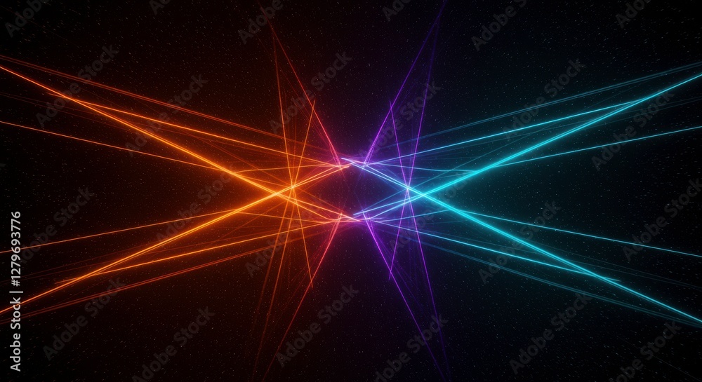 Aufkleber Illuminating Geometry: A mesmerizing display of intersecting lines in vibrant neon colors dances across a deep black backdrop, creating a dynamic and futuristic visual effect.