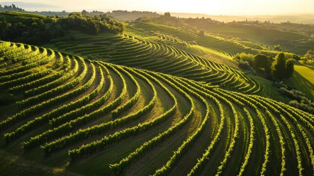 Aerial vineyard terraces at sunrise, Italy, scenic landscape, beautiful farmland, potential use for tourism or agriculture