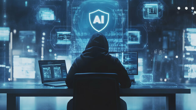 Artificial Intelligence Security Specialist Working to Secure Data and Systems, Protecting Networks and Preventing Cyberattacks in a High Tech Environment - Powered by Adobe