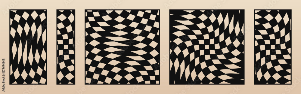 Aufkleber Laser cut patterns set. Vector template with abstract geometric texture, distorted checkered grid, groovy shapes. Decorative stencil for CNC cutting of wood, metal, paper. Aspect ratio 1:4, 1:1, 1:2