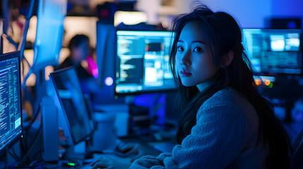 Asian Software Developer in a Cyberpunk Hacker Room, Surrounded by Multiple Monitors and Lines of Code, Deep in Thought While Coding at Night