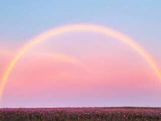 A beautiful rainbow arcs across a pastel sky over a serene field, creating a peaceful and vibrant atmosphere in nature.