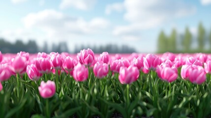 Fototapeta premium Pink tulips field, sunny day, spring, nature background, postcard