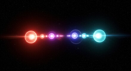 Obraz premium Cosmic Symphony: A captivating visual spectacle of luminous spheres, arranged in an elegant row, radiating an array of vibrant hues and ethereal glows against the dark expanse of the cosmos.