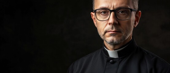 Obraz premium Serious-looking priest wearing glasses in a dark, moody setting during a contemplative moment