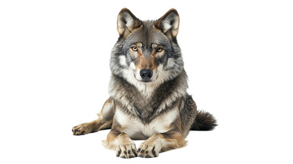 Wolf resting calmly on a white background