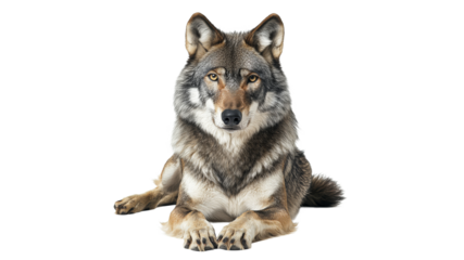 Wolf resting calmly on a white background