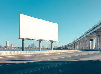 Obraz premium Blank Billboard on Highway with Cityscape View, Ideal for Outdoor Advertising Mockups and Urban Marketing Campaigns, Featuring Clear Blue Sky and Modern Infrastructure