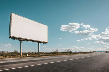 Blank Billboard on Highway Under Blue Sky, A Prime Advertising Space Ready for Your Message with Clear Visibility and High Impact Potential for Drivers