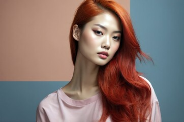 Fototapeta premium Beautiful confident photo model showcases vibrant makeup against a pastel color background in a studio setting, people and skincare, fashion theme concept. 