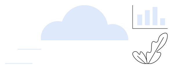 Blue cloud, three-bar chart, leaf contour. Ideal for digital transformation, technology growth, data analytics, nature technology balance, abstract success visualization, innovative solutions cloud
