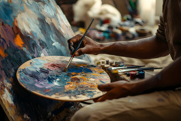 Fototapeta premium Capturing the Essence of Artistic Creation, A Detailed View of a Painter's Palette and Canvas in a Moment of Inspired Inspiration
