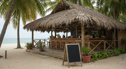 Fototapeta premium Beautiful beach bar surrounded by palm trees offers a relaxing atmosphere for vacationers seeking tropical enjoyment
