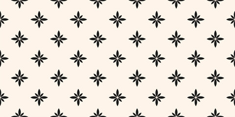 Simple vector floral seamless pattern. Abstract minimalist geometric ornamental texture with small flowers. Black and white ornament in oriental style. Elegant  geo background. Repeated easy design