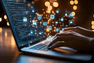 Close-up of Hands Typing on Laptop with Digital Security Icons Overlayed, Representing Cybersecurity and Network Protection Strategy, and High Technology Integration