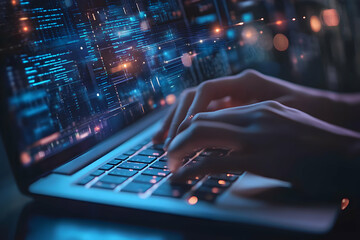 Close-up of Hands Typing on Laptop with Code Overlay, Emphasizing Modern Technology, Cybersecurity, and the Digital Workspace in a Dark Environment