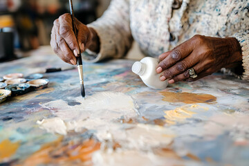 Close-up of senior woman's hands painting, holding a brush and paint bottle, artist creating artwork with vibrant colors and expressive brushstrokes in her studio