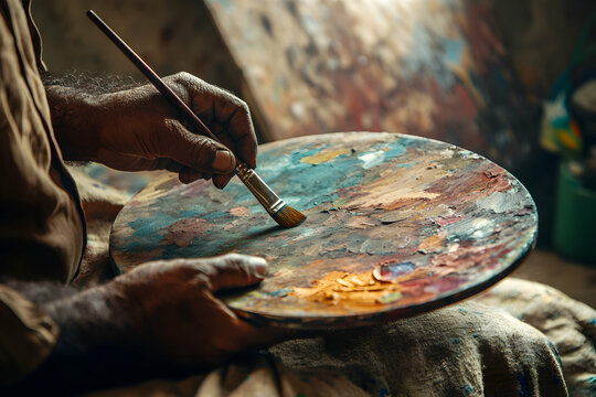 Close-up of an artist's hand mixing vibrant colors on a palette with a brush, capturing the essence of creativity and artistic expression in fine art