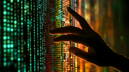 Conceptual data stream visualization with human interaction, illustrating the digital world and its impact on modern society and innovative technology solutions