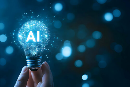 Conceptual AI Innovation, Light Bulb Representing Artificial Intelligence in Hand, Symbolizing Technological Advancement and Digital Transformation with Glowing Circuits