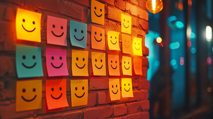 A vibrant collection of sticky notes, each adorned with a cheerful smiling face, creates a mosaic of positivity and good vibes.