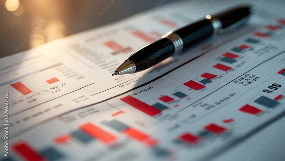 Poster business report analysis showcasing graphs and data with a pen resting on the documents in a profess