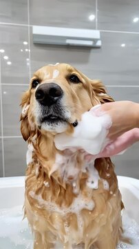 A woman bathes a cute dog in the tub, taking care of its hygiene with soap and water.