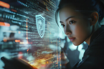 Cybersecurity professional analyzes code with digital shield overlay, ensuring robust data protection and threat mitigation in a modern digital environment
