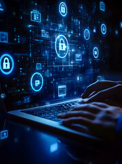 Cybersecurity professional working on a laptop to ensure data privacy and protection in the digital landscape, focusing on threat prevention and secure online environment