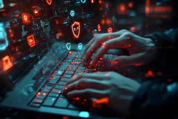 Cybersecurity Professional Typing on Laptop with Security Icons Overlay, Emphasizing Network Safety and Data Protection Measures Online in the Digital Age