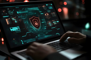 Cybersecurity professional works on a laptop to protect sensitive data with advanced encryption and firewall technology in a secure environment