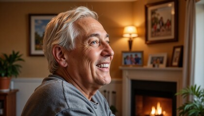 Smiling older man enjoying time at home by the fireplace