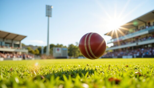 A cricket ball hovers over a green field against the background of a stadium, the ball is in motion, energy of a summer sports game is transmitted in the air, the concept of summer sports. 