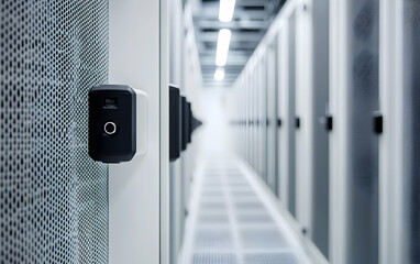 Data Center Security, Biometric Access Control in a Modern Server Room with Rows of Racks and Advanced Authentication Technology for Information Safety