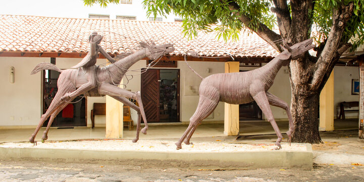 Iron sculpture of a northeastern cowboy lassoing an ox, in the courtyard of the crafts center in the center of the city of Teresina, Piau&iacute;, Northeast Brazil